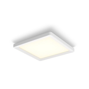 Quadratisches, weißes Philips Hue LED Panel Tento White S für die Decke, leuchtend.