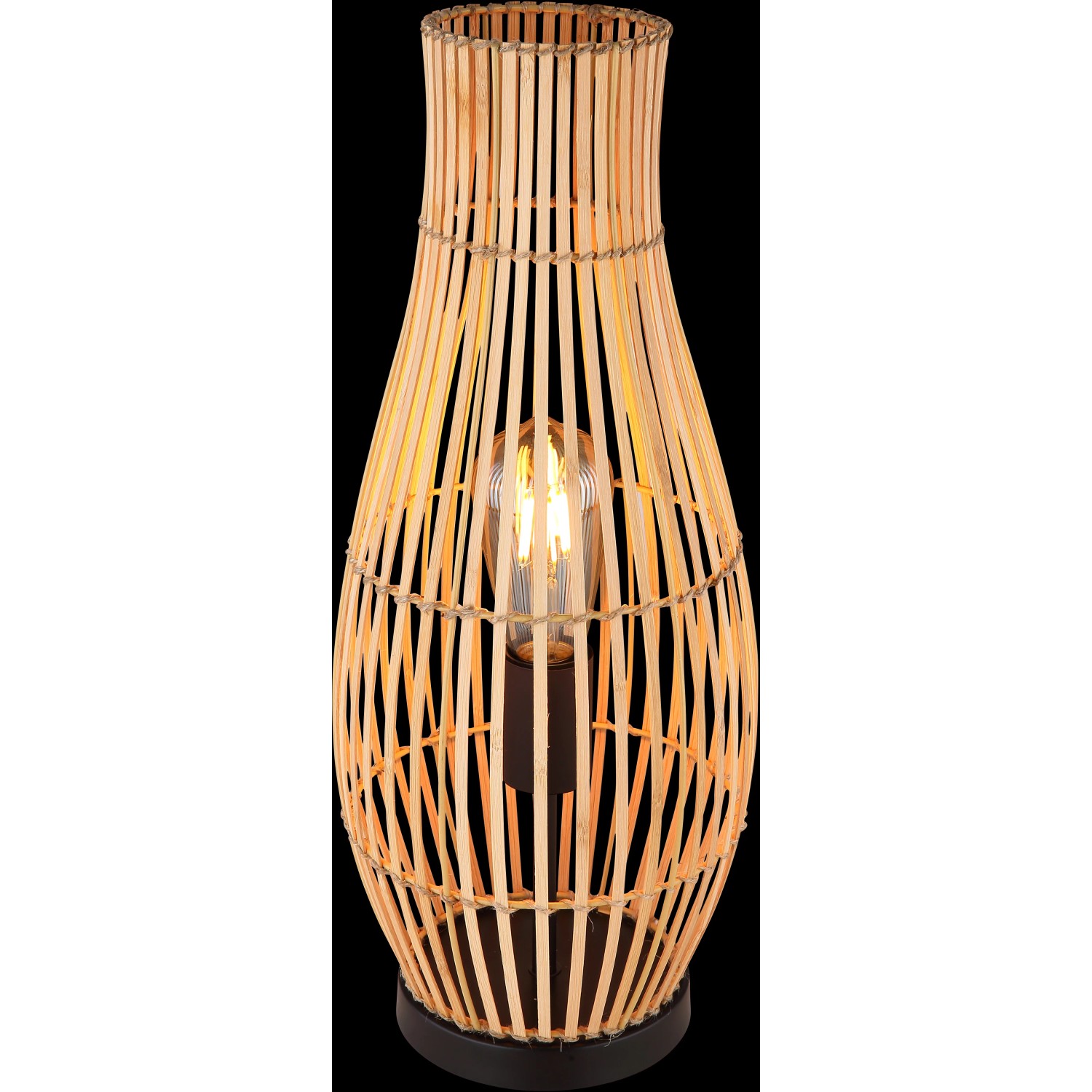 Globo Tischlampe Laglio aus Bambus und Hanf, naturfarben, mit schwarzem Metallsockel.