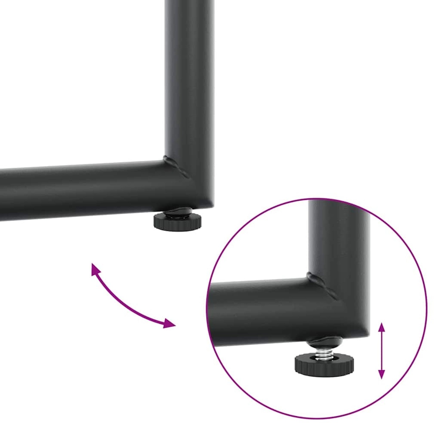 Detailaufnahme: Verstellbare Füße des schwarzen vidaXL Garten Essgruppen-Tisches aus Stahl.