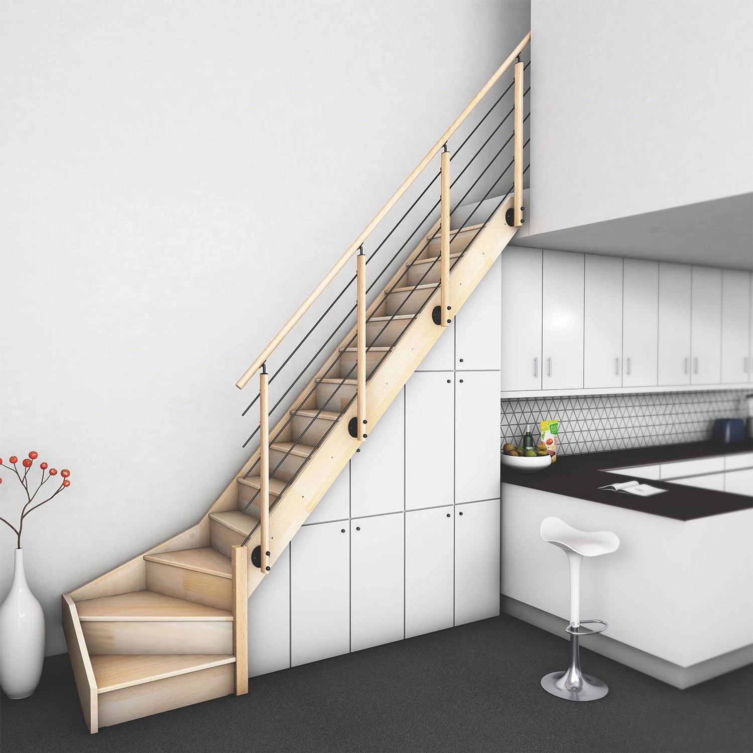 Kordo 1/4 gewendelte Treppe rechts aus Buche mit Nostra Geländer im Innenraum.