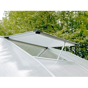 Offenes Dachfenster für KGT Gewächshaus Flora Alu, zur Belüftung mit Handaufsteller.