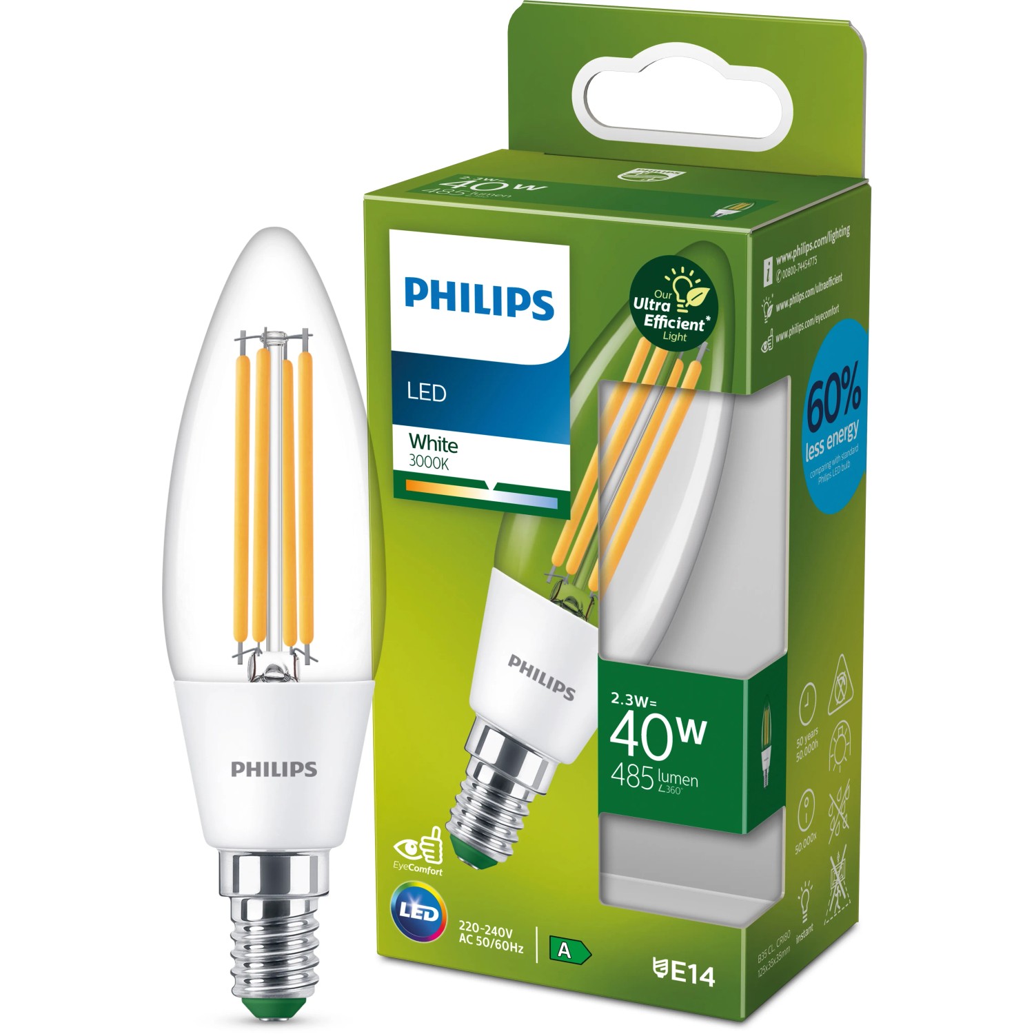 Philips LED-Lampe E14, Kerzenform, 5,2W, 485lm. Klares Glas, warmweißes Licht.