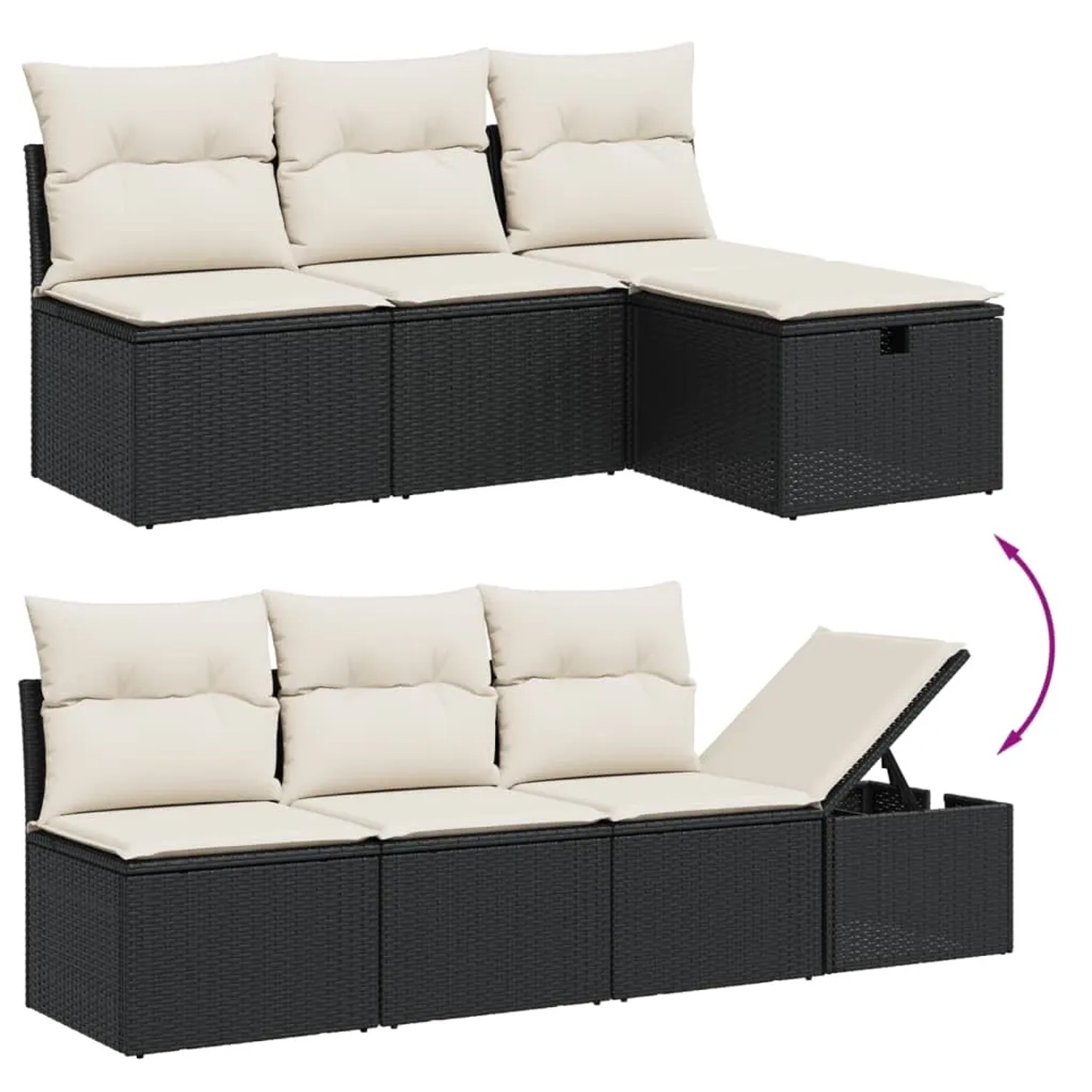 vidaXL 8-tlg. Garten-Sofagarnitur aus schwarzem Rattan mit cremeweißen Kissen und Stauraum.