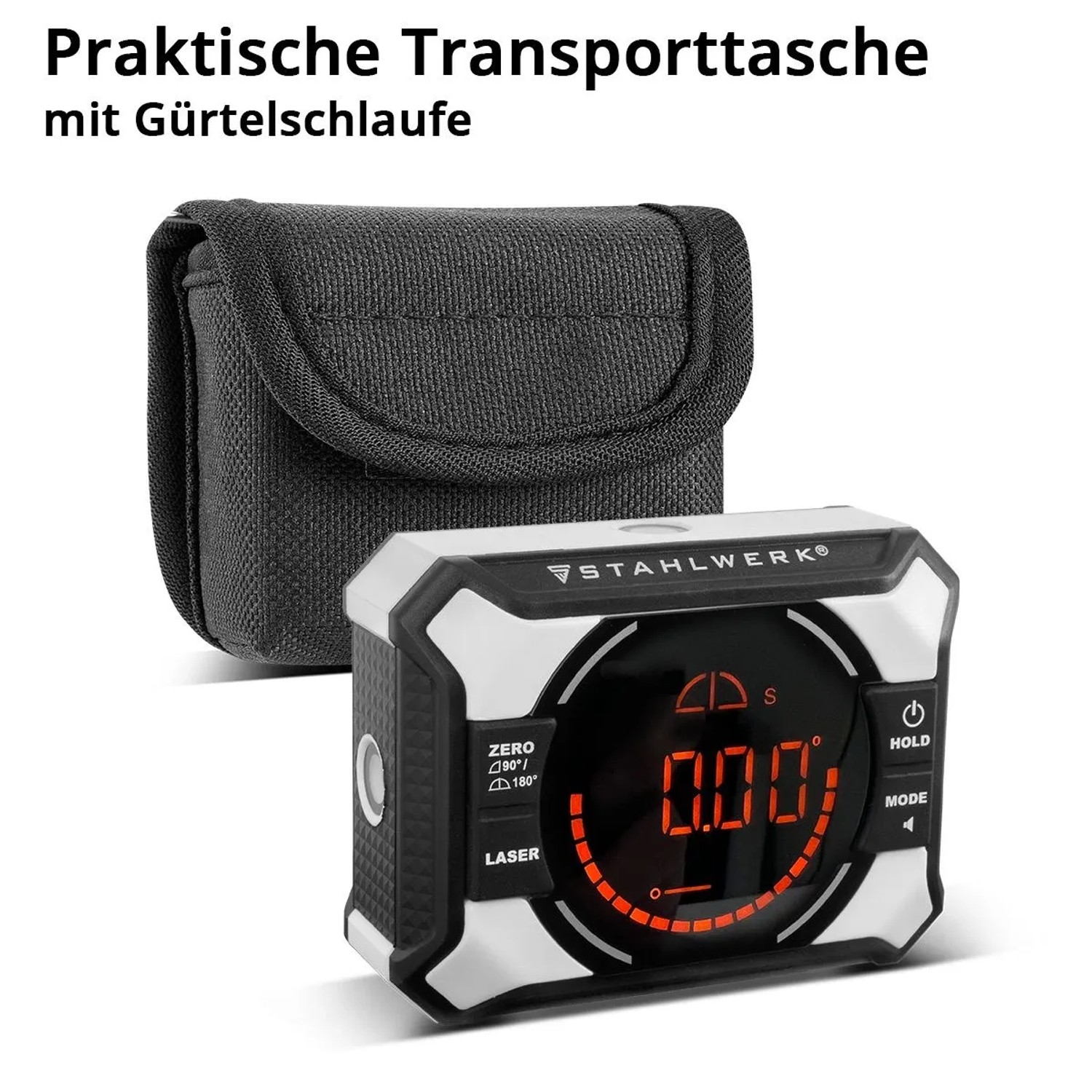 STAHLWERK Digitaler Laser Winkelmesser mit Transporttasche. Präzises Messwerkzeug für Handwerker.