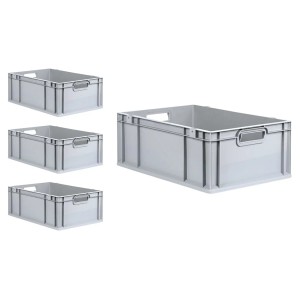 PROREGAL SuperSparSet: 4 graue Euroboxen mit Scharnierdeckel und roten Verschlüssen, 44 Liter.