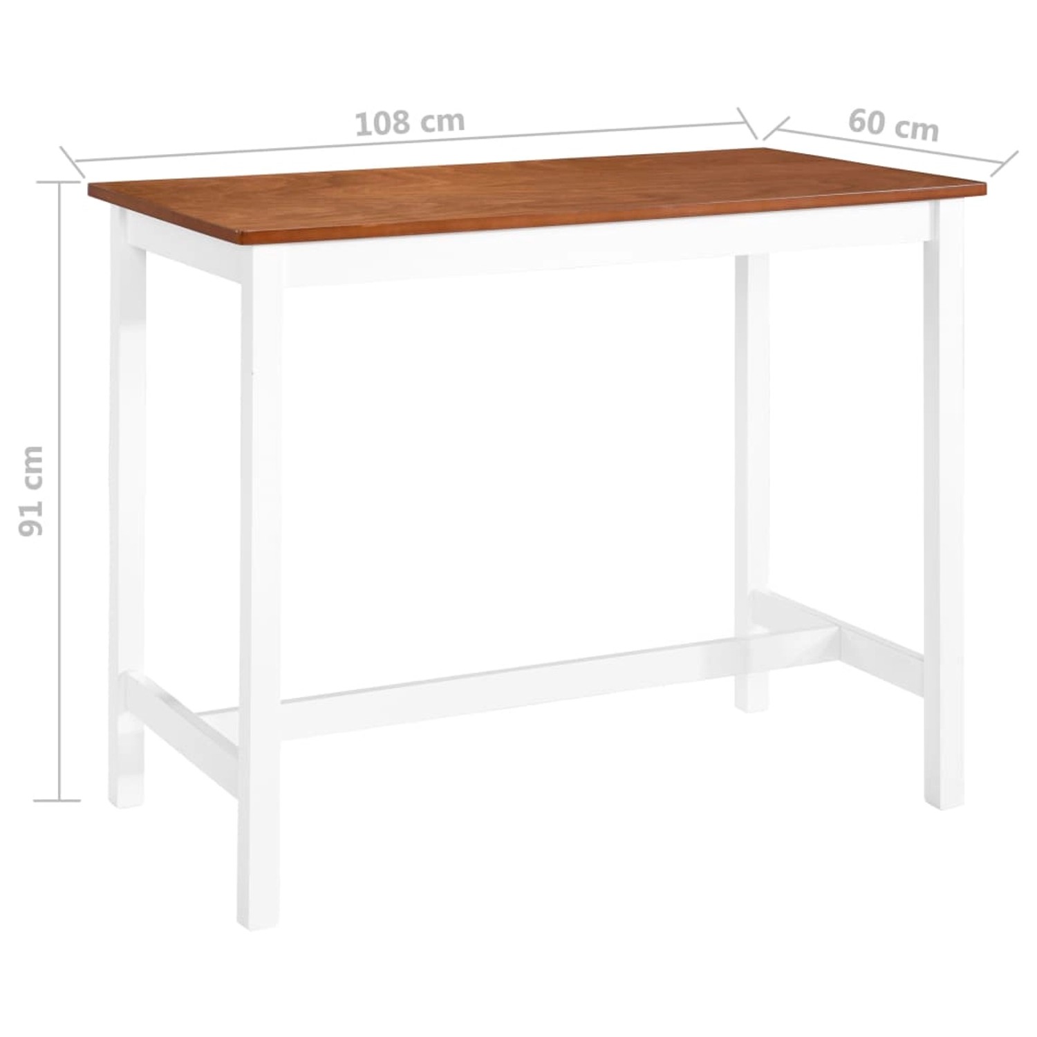 vidaXL Bartisch aus Massivholz, 108x60x91 cm, braune Tischplatte, weißes Gestell.