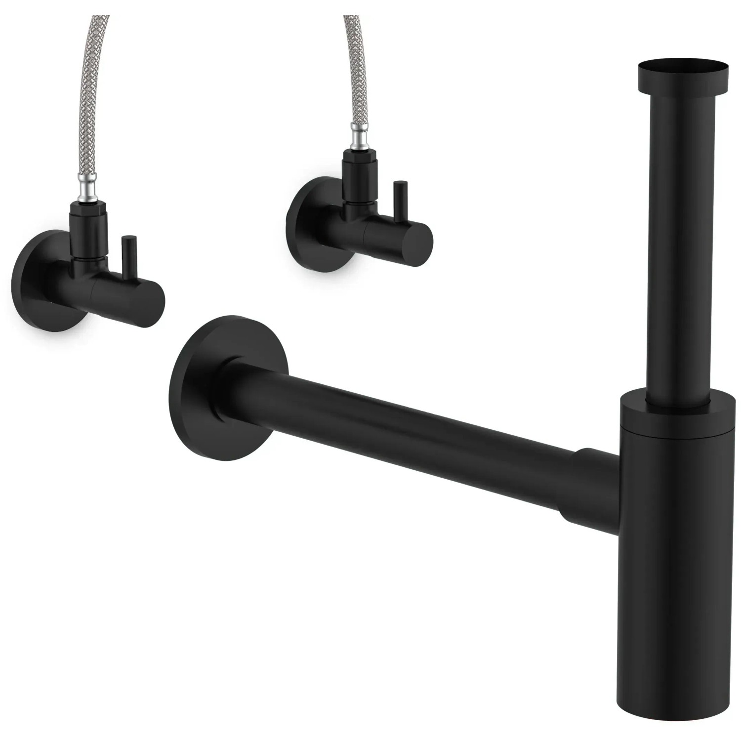 Kirchhoff Design Waschbecken Siphon, mattschwarz, mit Wandrosette und Eckventilen.