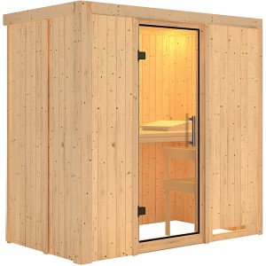 Karibu Sauna Natur aus Holz mit Glastür, Bank und Ofenschutzgitter.