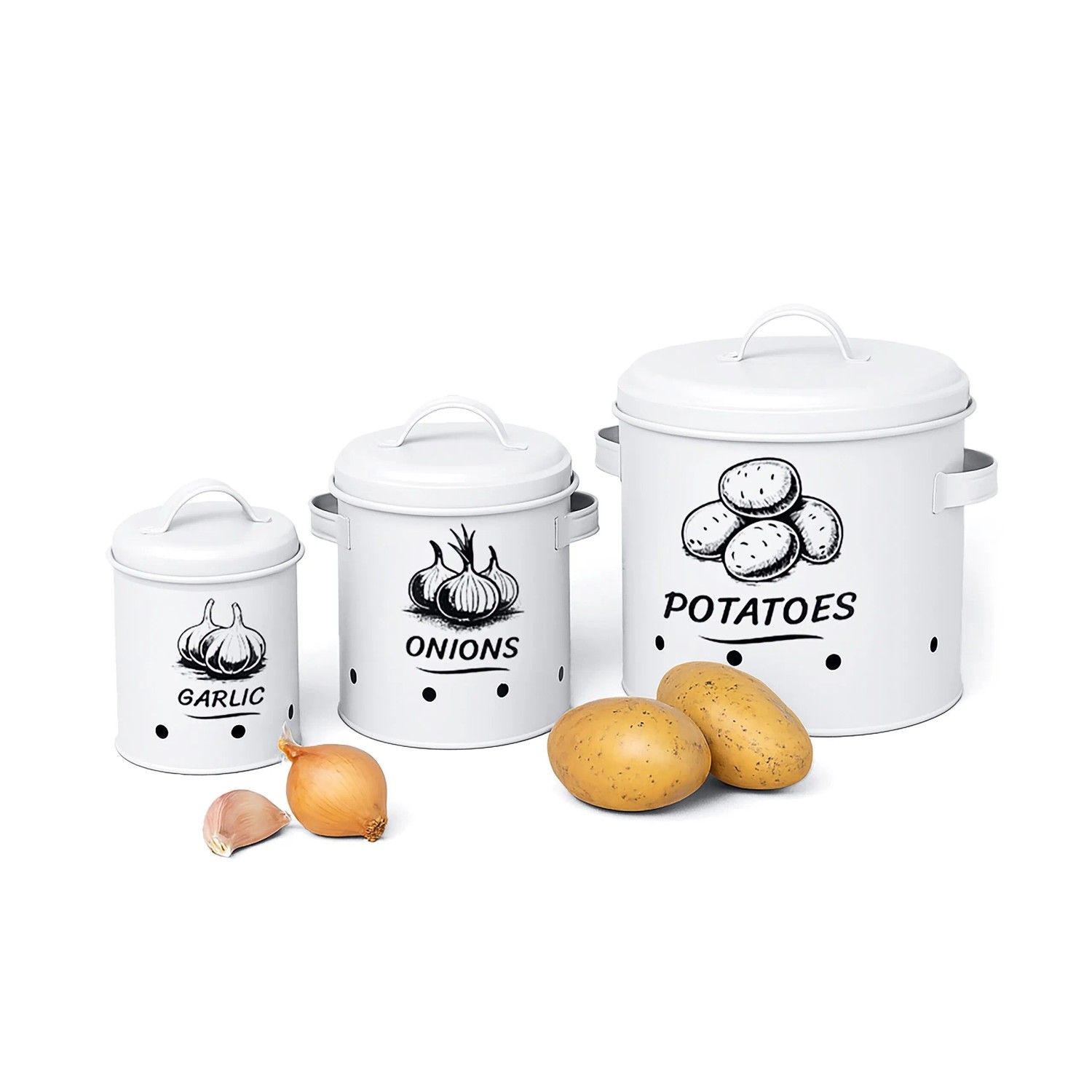 Relaxdays Kartoffel Aufbewahrungsbox 3er Set Stahl Weiß Belüftet 21 cm x 26 cm x 23,5 cm