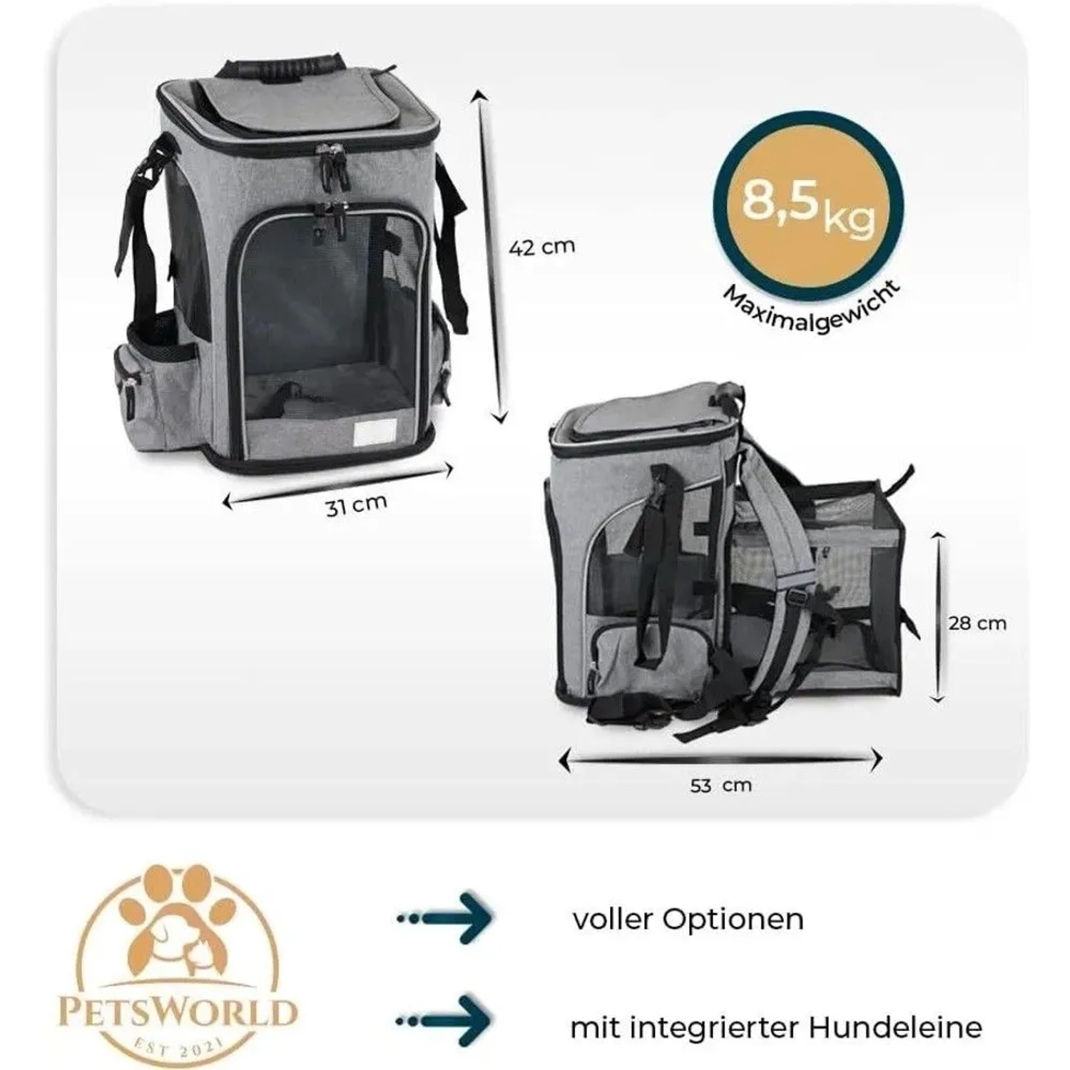 Petsworld Hunderucksack, faltbar, atmungsaktiv, mit Mesh, bis 8,5 kg.
