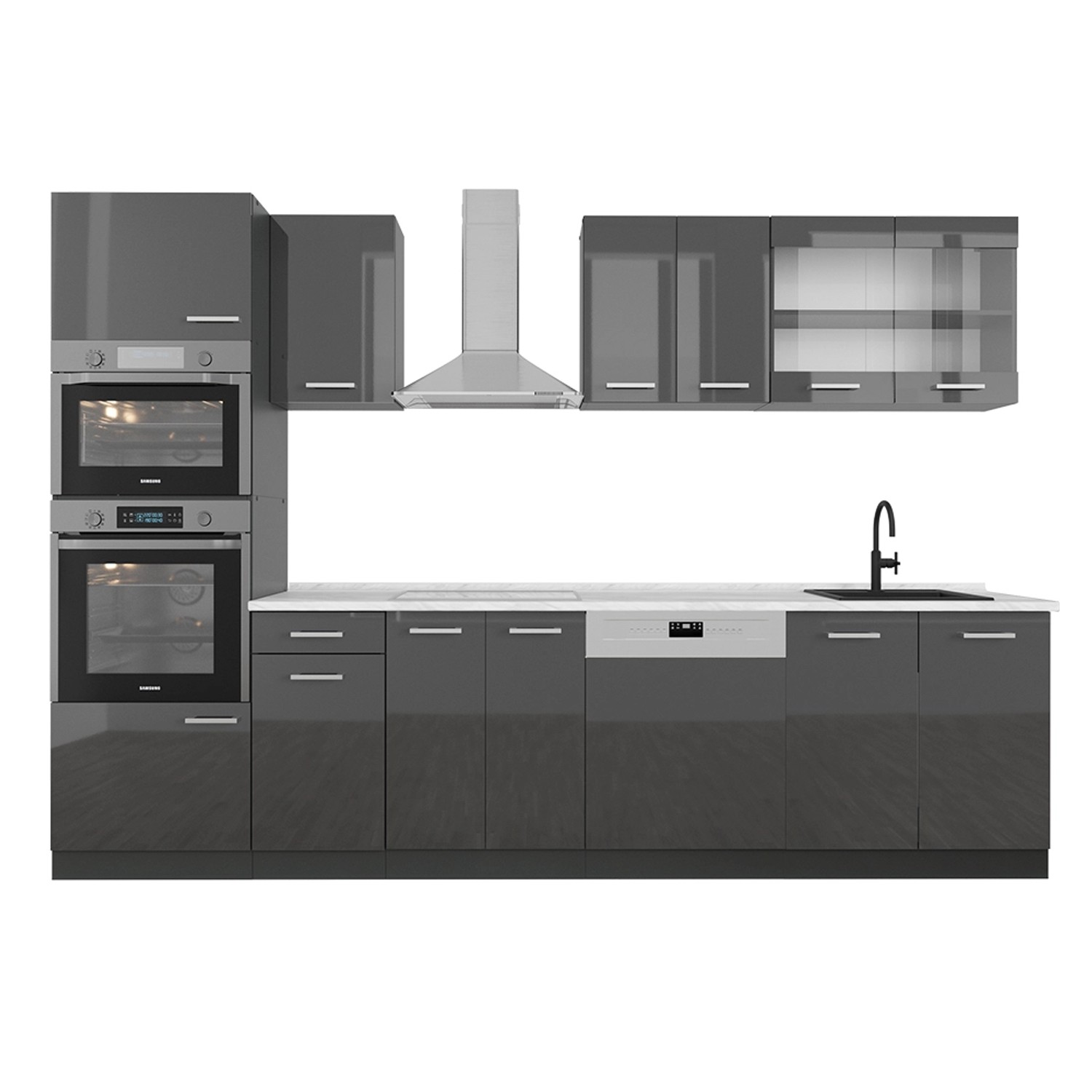 Vicco R-Line Küchenzeile Anthrazit Hochglanz/Anthrazit 300 cm mit Hochschra günstig online kaufen