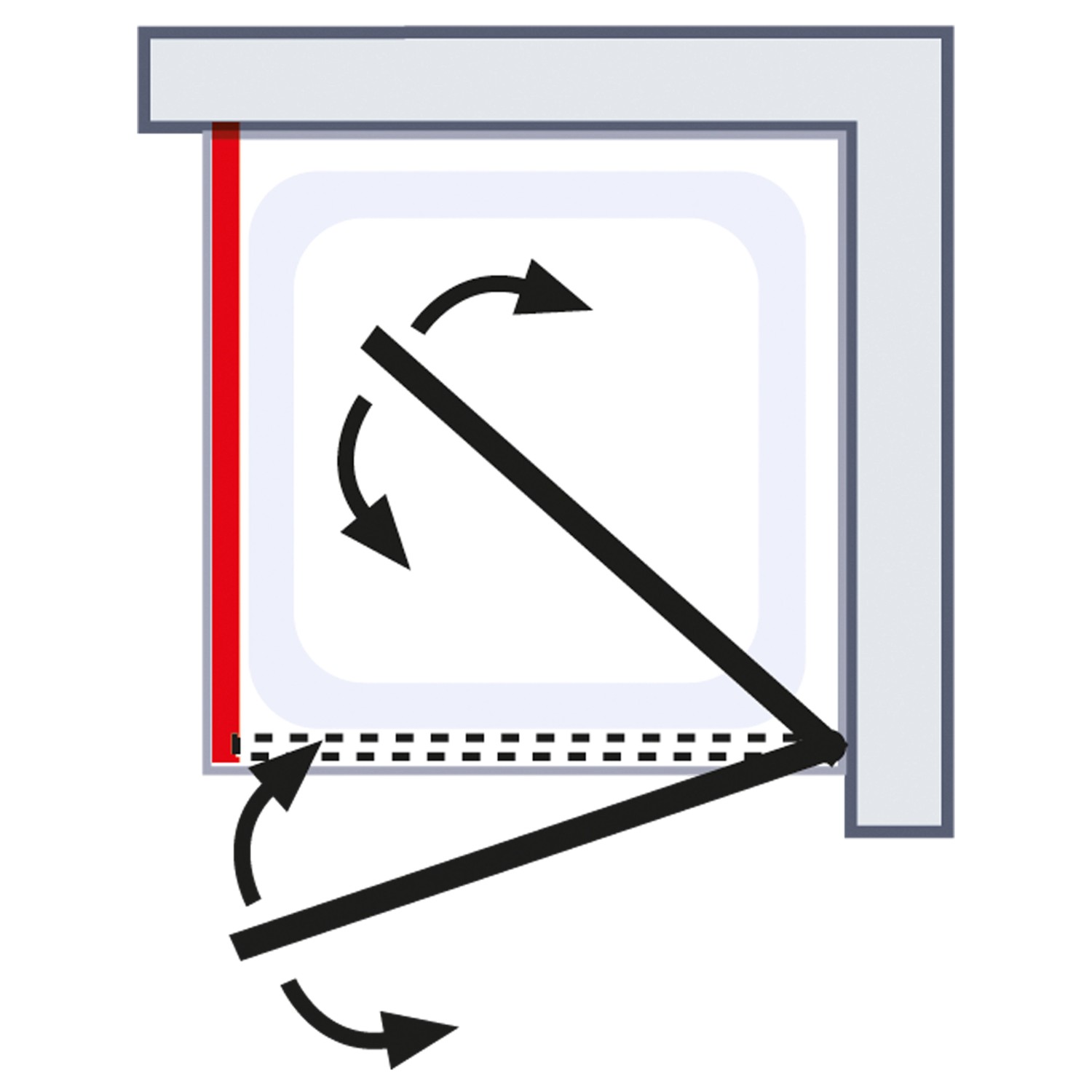Grafik: Schulte Drehtür Toura mit Seitenwand, Türanschlag rechts, 100x100 cm, Drehbereich dargestellt.