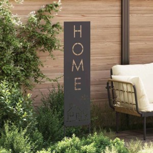 Schwarzer vidaXL Garten Sichtschutz mit HOME Schriftzug und Haus-Motiv als Gartendeko.