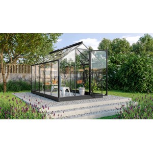 Vitavia Gewächshaus Triton 6200, schwarzer Rahmen, 6,2 m² mit Fundamentrahmen im Garten.