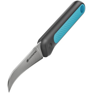 Gardena Erntemesser VeggieCut mit gebogener Klinge und blau-schwarzem Griff.