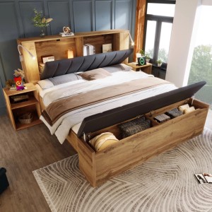 Merax Doppelbett 180x200cm Eiche mit Leinen-Kopfteil, integrierten Nachttischen, Leselampen, USB und Stauraum in Bettbank.