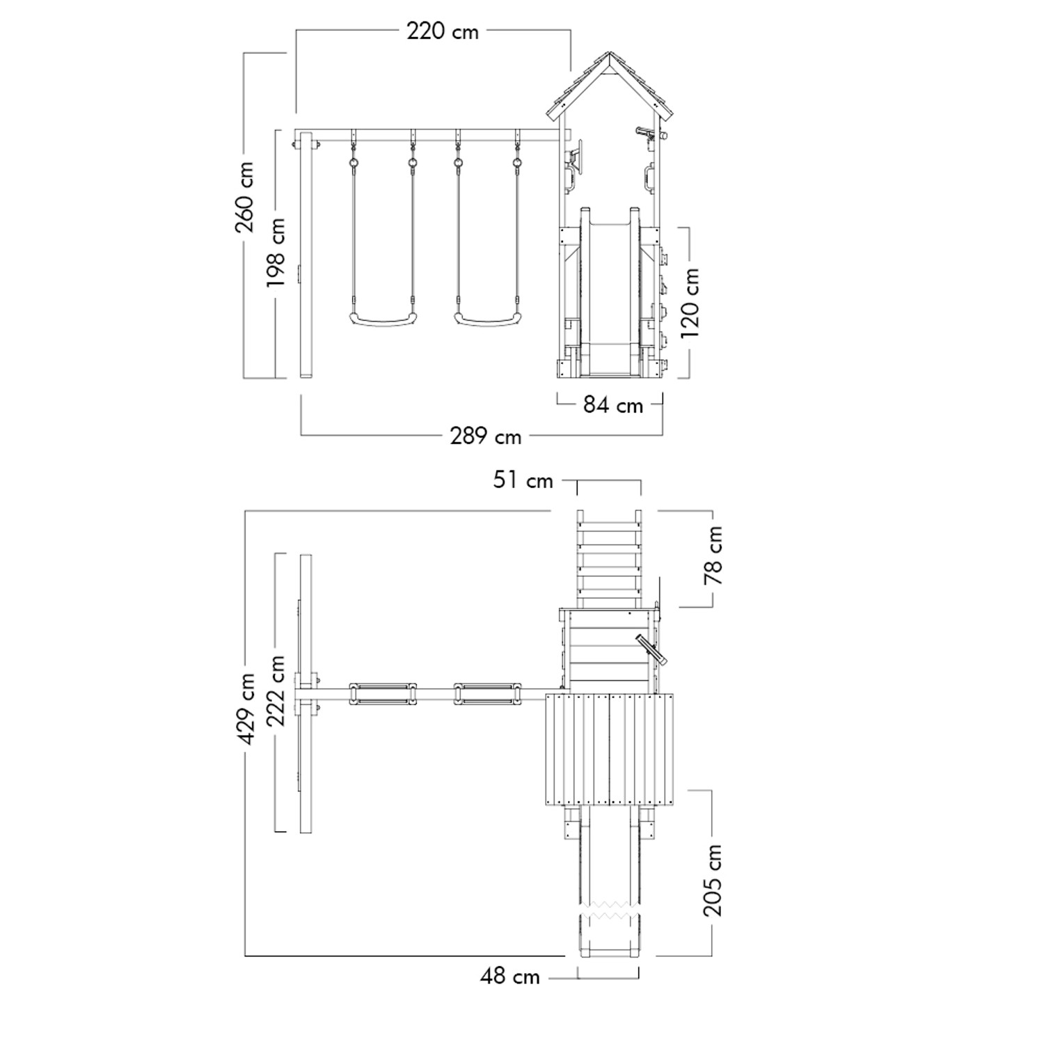 Skizze des Wickey Disney Adventure Spielturms mit Rutsche und Schaukel, Maße in cm.