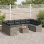 Graues 10-teiliges vidaXL Garten-Lounge-Set aus Polyrattan mit Kissen und Tisch.