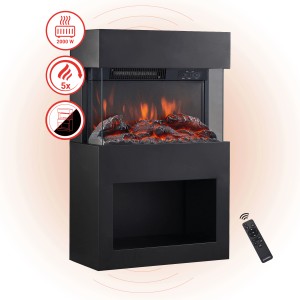 Schwarzer Kaminio Elektrokamin Henri mit 3D-Flammeneffekt und Holzfach. Kaminofen mit Heizung und Fernbedienung.