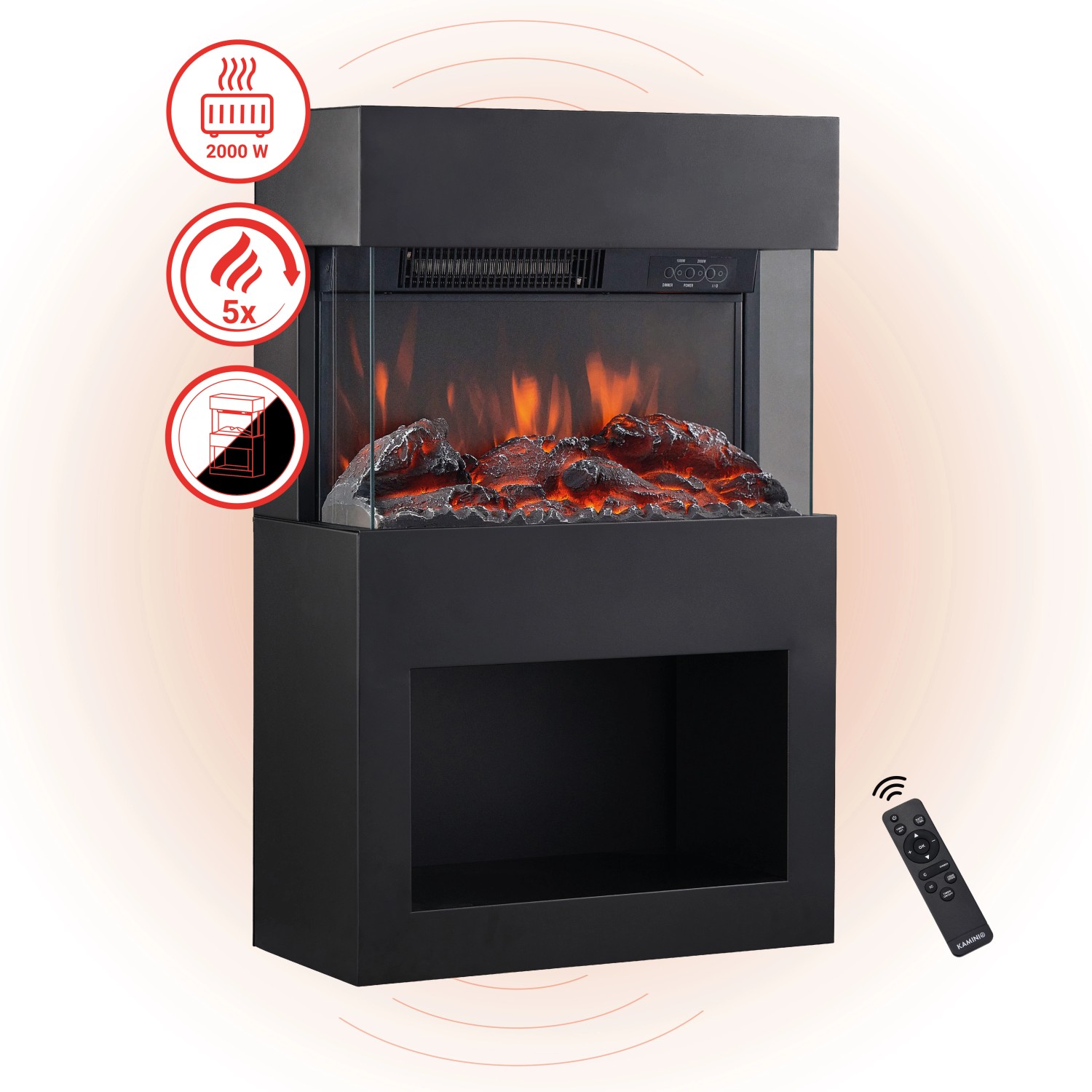 Schwarzer Kaminio Elektrokamin Henri mit 3D-Flammeneffekt und Holzfach. Kaminofen mit Heizung und Fernbedienung.