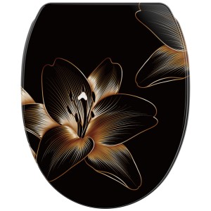 SANILO WC-Sitz Aurelia mit Absenkautomatik, schwarzer Deckel mit goldener Lilie.