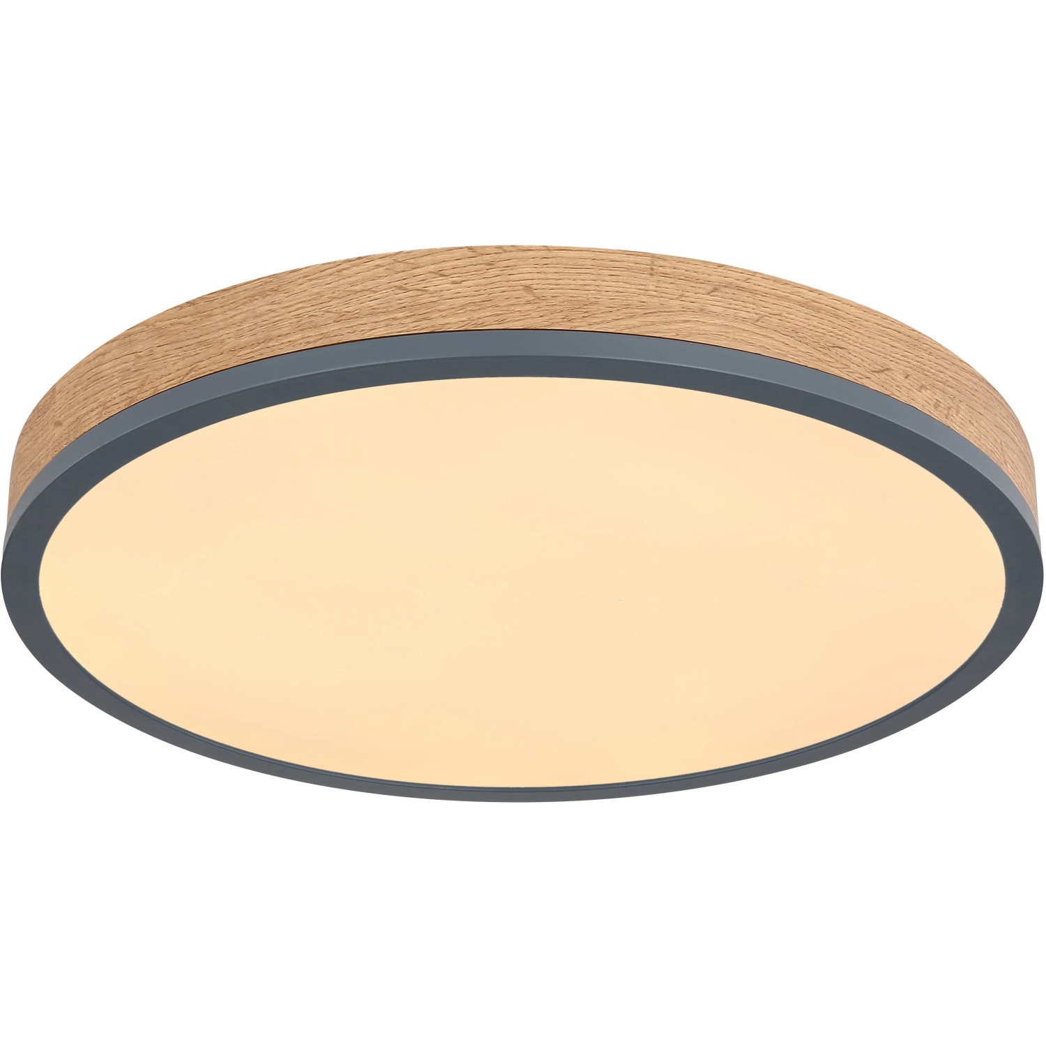 Runde LED-Deckenleuchte Doro, 45cm, Graphit/Holzoptik, dimmbar.