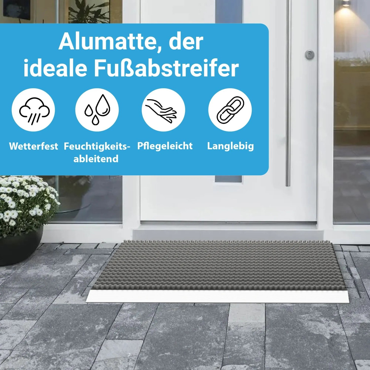 Graue Björn&Schiller Fußmatte mit Aluminiumrahmen und Bürsten vor einer Haustür.