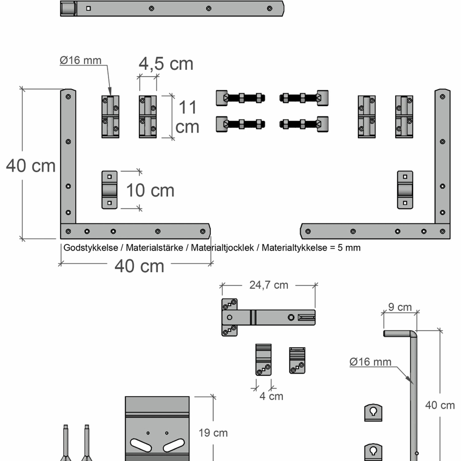 Montage-Details Doppeltor Sendai: Beschläge, Winkel, Schrauben und Maße für den Aufbau des Gartentors.