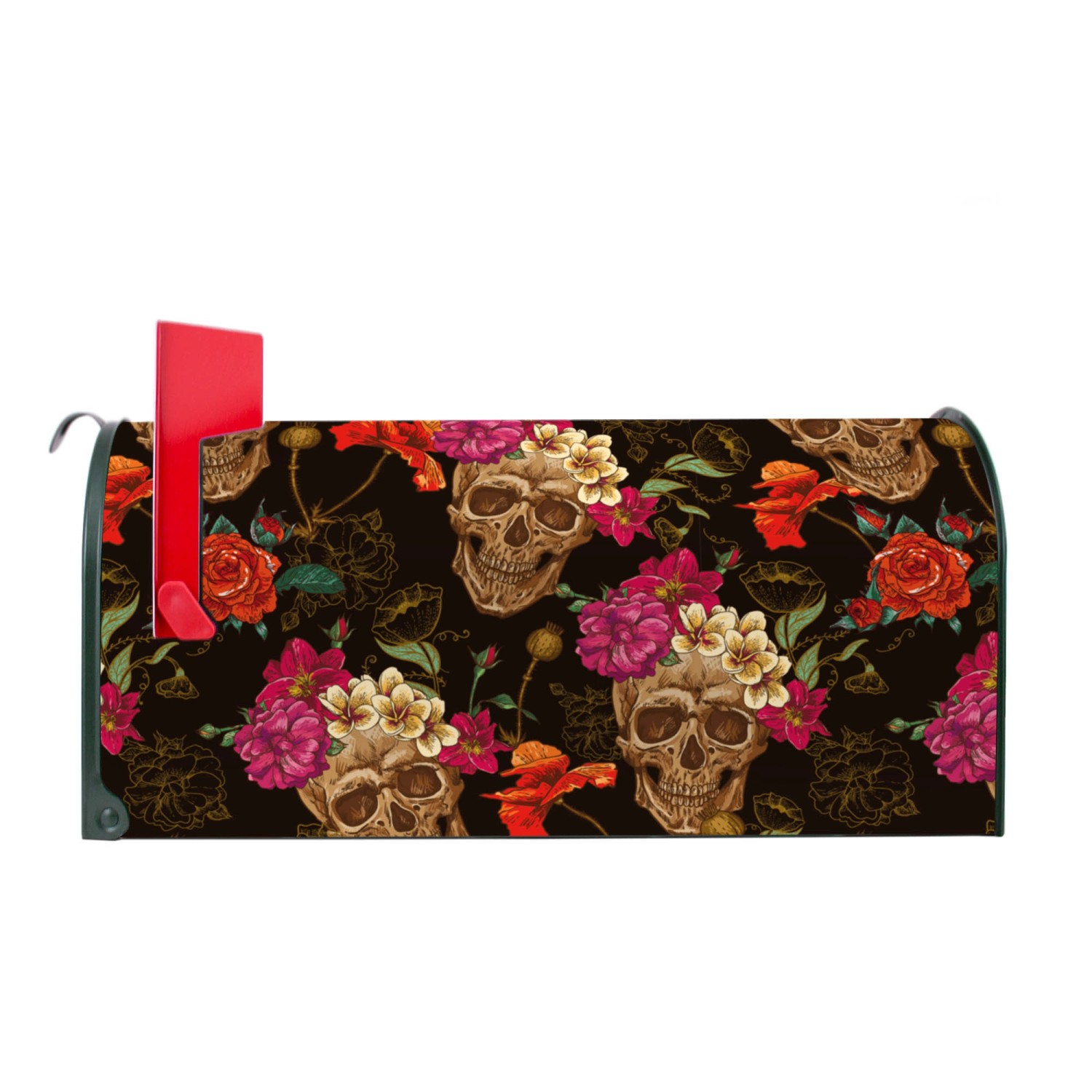 Grüner Banjado US Briefkasten mit Los Dias de Muertos Motiv (Totenkopf und Blumen).