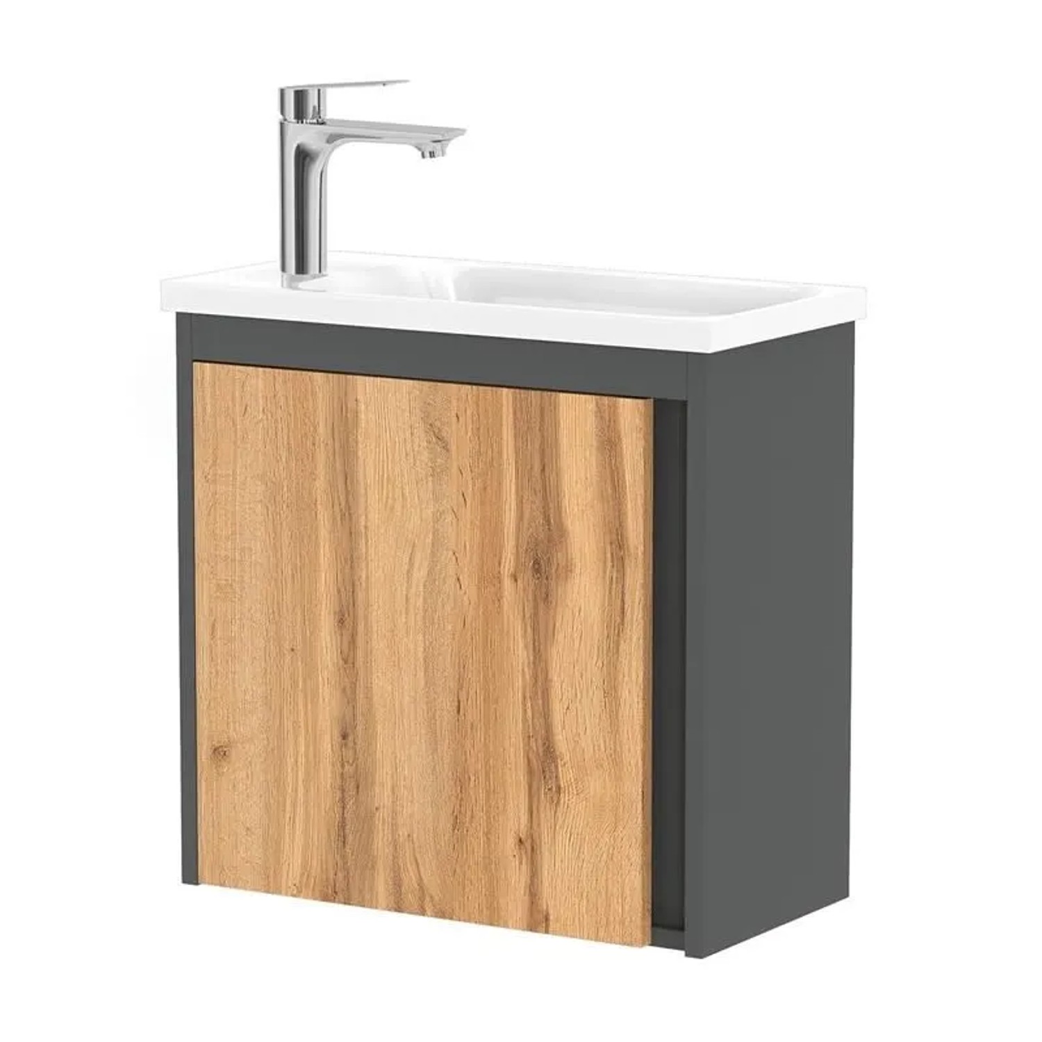 Planetmöbel Waschbeckenunterschrank 50 cm Grau Matt Wotan Eiche mit Waschbecken Armatur Chrom