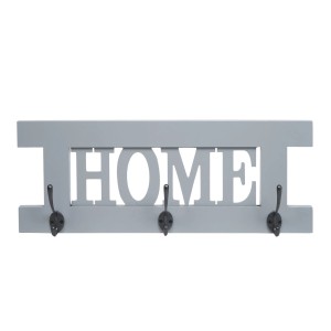 Grau-blaue Wandgarderobe im Shabby-Look mit HOME Schriftzug und 3 Doppelhaken.