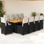 vidaXL Garten-Bistro-Set, 11-teilig, schwarz, Poly Rattan mit Tisch aus Akazienholz und Stühlen mit Kissen.