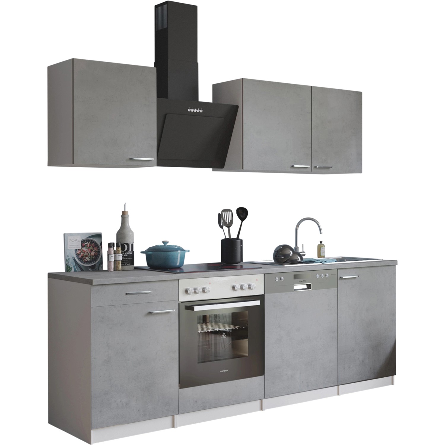 Respekta Küchenblock Malia 220 cm in Betonoptik mit E-Geräten: Herd, Kochfeld, Dunstabzugshaube und Geschirrspüler.