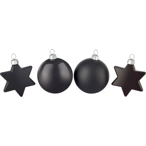 Weihnachtsschmuck-Set: Schwarze, matte Kugeln und Sterne aus Kunststoff.
