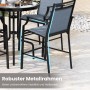 Zwei blaue Garten-Barhocker mit robustem Metallrahmen und schnelltrocknendem Stoff für Outdoor. Ideal für Terrasse & Balkon.