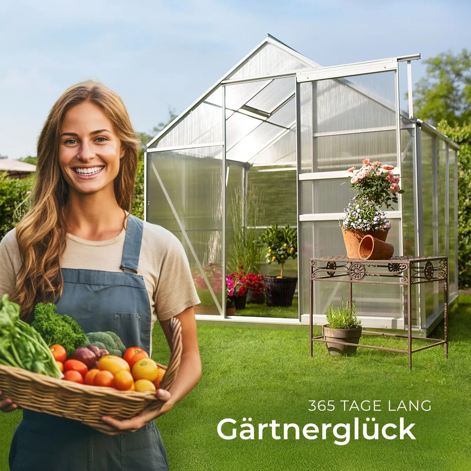 Lachende Gärtnerin mit Erntekorb vor transparentem Tectake Gewächshaus mit Alu-Rahmen, Schiebetür, Dachfenster.