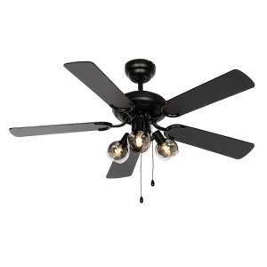 Schwarzer QAZQA Deckenventilator Mistral Vidro mit Holzprint, 107,5 cm Durchmesser und 3 Leuchten.