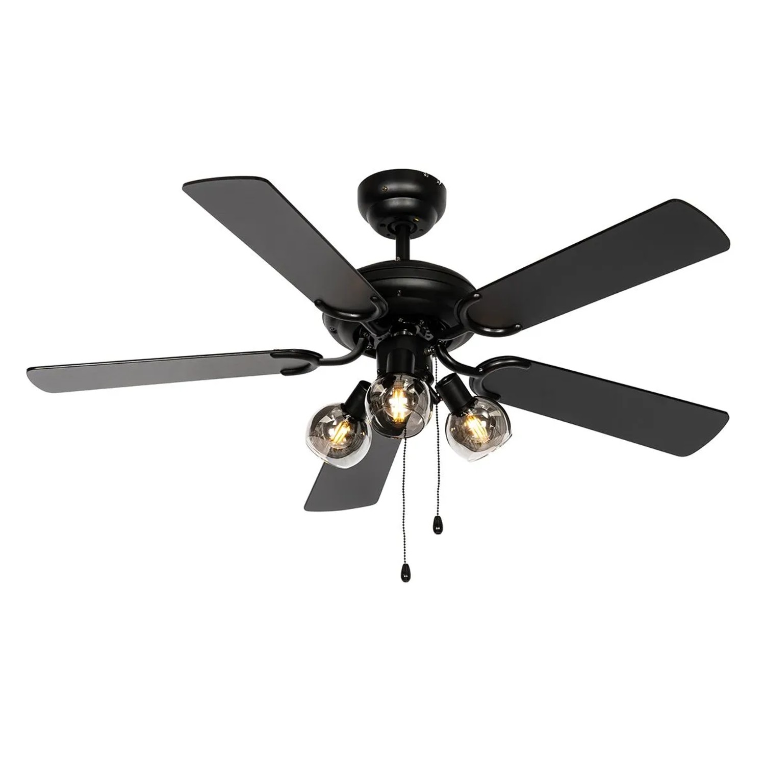 QAZQA Deckenventilator Schwarz mit Holzprint 107,5 cm 3-flammig mit Zugschalter Mistral Vidro