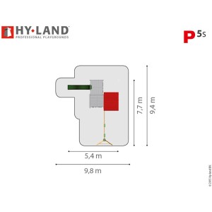Draufsicht Hy-Land Spielgerät P5S mit Rutsche, Doppelschaukel, Maße 9,8x9,4m, Kiefernholz.