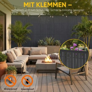 Anthrazitfarbene Sekey PVC Sichtschutzmatte (80x500cm) mit Abdeckprofil als Balkonverkleidung.