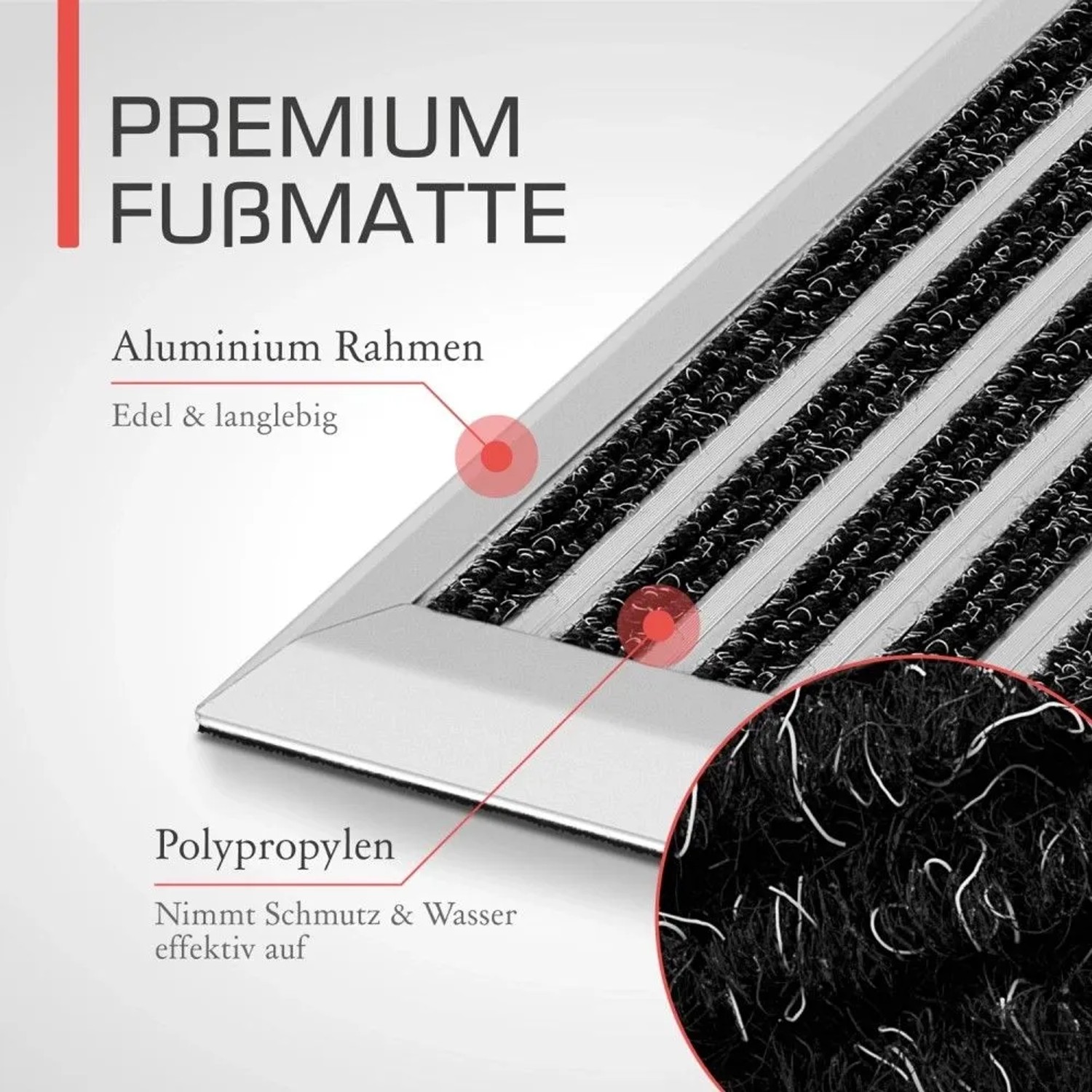 Bomoe AluGant Fußmatte, 60x90 cm, silberfarbener Aluminiumrahmen mit schwarzen Rips-Lamellen.