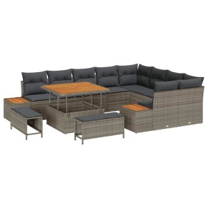 Graues 12-tlg. vidaXL Garten-Sofa-Set aus Poly Rattan mit Tisch und Kissen.