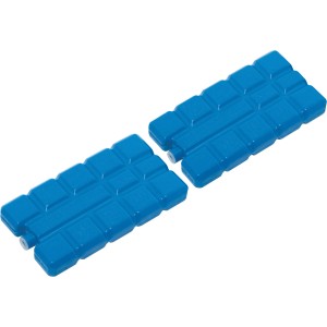 Zwei blaue Kühlakkus für Kühlboxen, wiederverwendbar zum Kühlen von Speisen und Getränken.