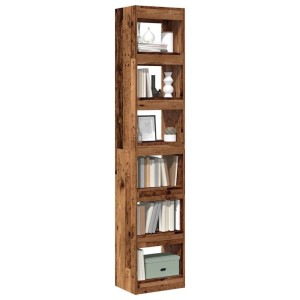 Schlankes Bücherregal/Raumteiler in Altholz-Optik aus Holzwerkstoff mit offenen Fächern, gefüllt mit Büchern.