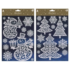 Weihnachts-Fensterbilder, sortiert, weiß mit Glitter, Motive: Schneemann, Tannenbaum, Schneeflocken, 19x32 cm.