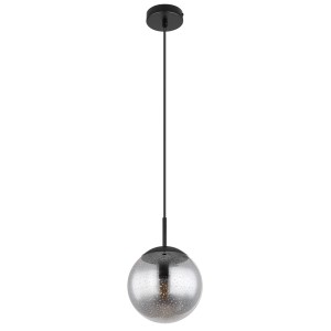 Moderne Globo Hängeleuchte Samos mit rauchfarbener Glaskugel und schwarzem Metall, Ø 20 cm.