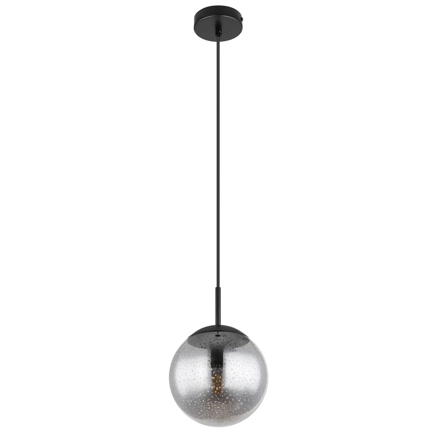 Moderne Globo Hängeleuchte Samos mit rauchfarbener Glaskugel und schwarzem Metall, Ø 20 cm.