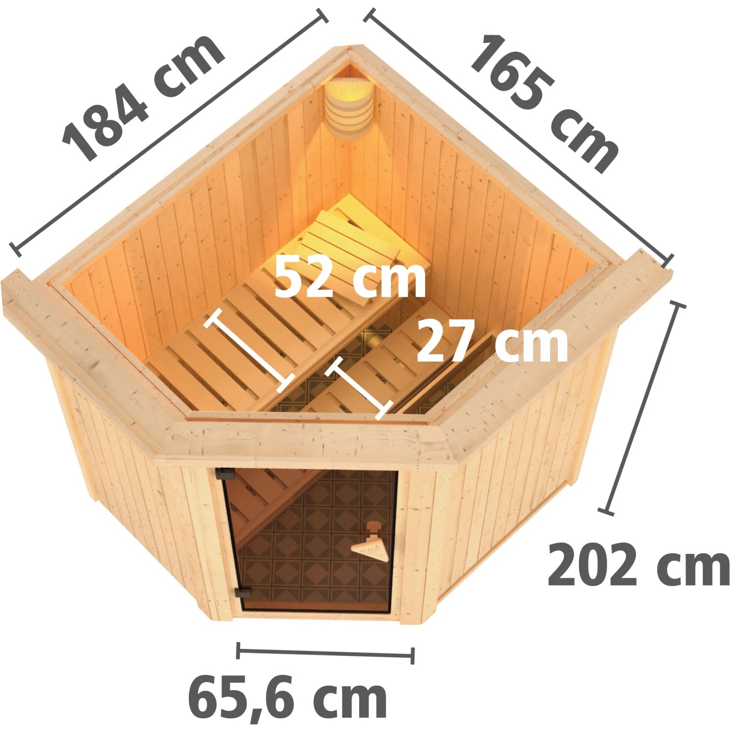 Karibu Sauna Tjorven mit Ofen und LED-Kranz, Ecksauna mit Holz-Glastür, Maße eingezeichnet.