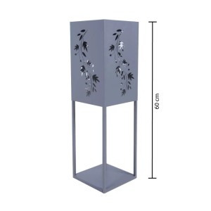 Graue DELUKE Dekosäule PORTO mit LED, 60 cm hoch, mit Blattmuster für Wohnzimmer und Büro.