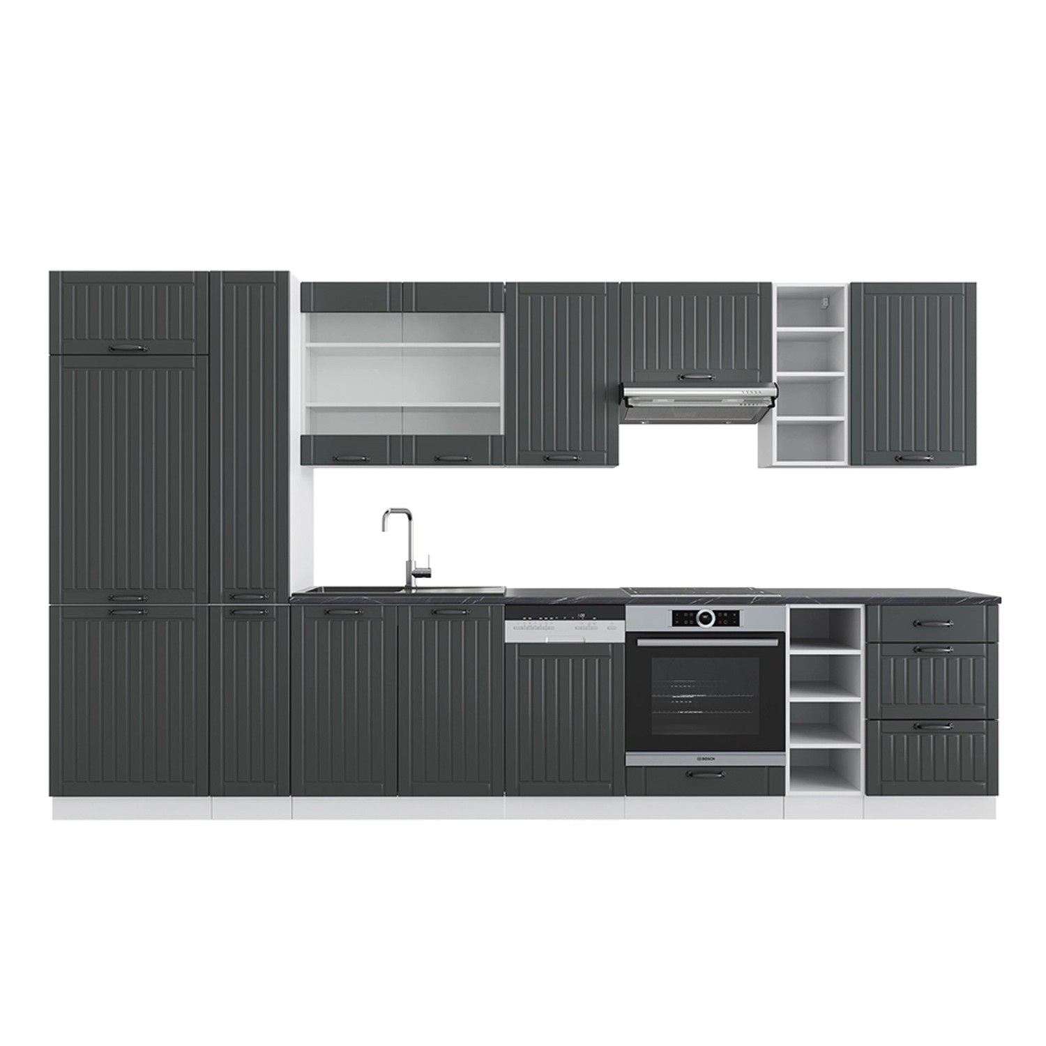 Vicco Fame-Line Küchenzeile Anthrazit Landhaus/Weiß 355 cm mit Hochschranko günstig online kaufen